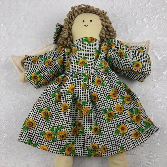 Vintage Cloth Doll Angel Dressed in Checkered and Sunflower Dress with Bows 16” - Picture 5 of 14